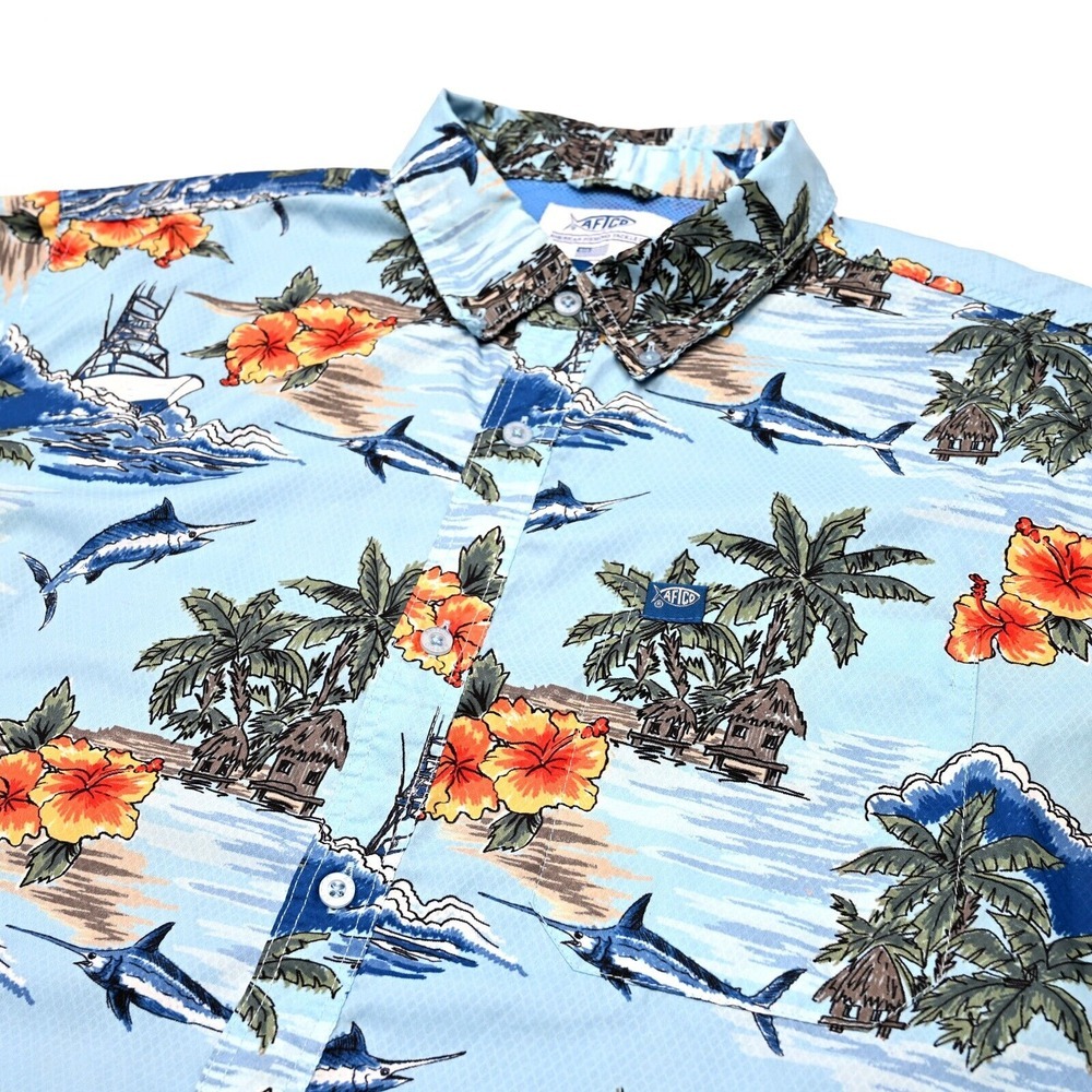 AFTCO Mens Vented Hawaiian Shirt L‎ Marlin Fishing Tropical Floral Boats Aloha